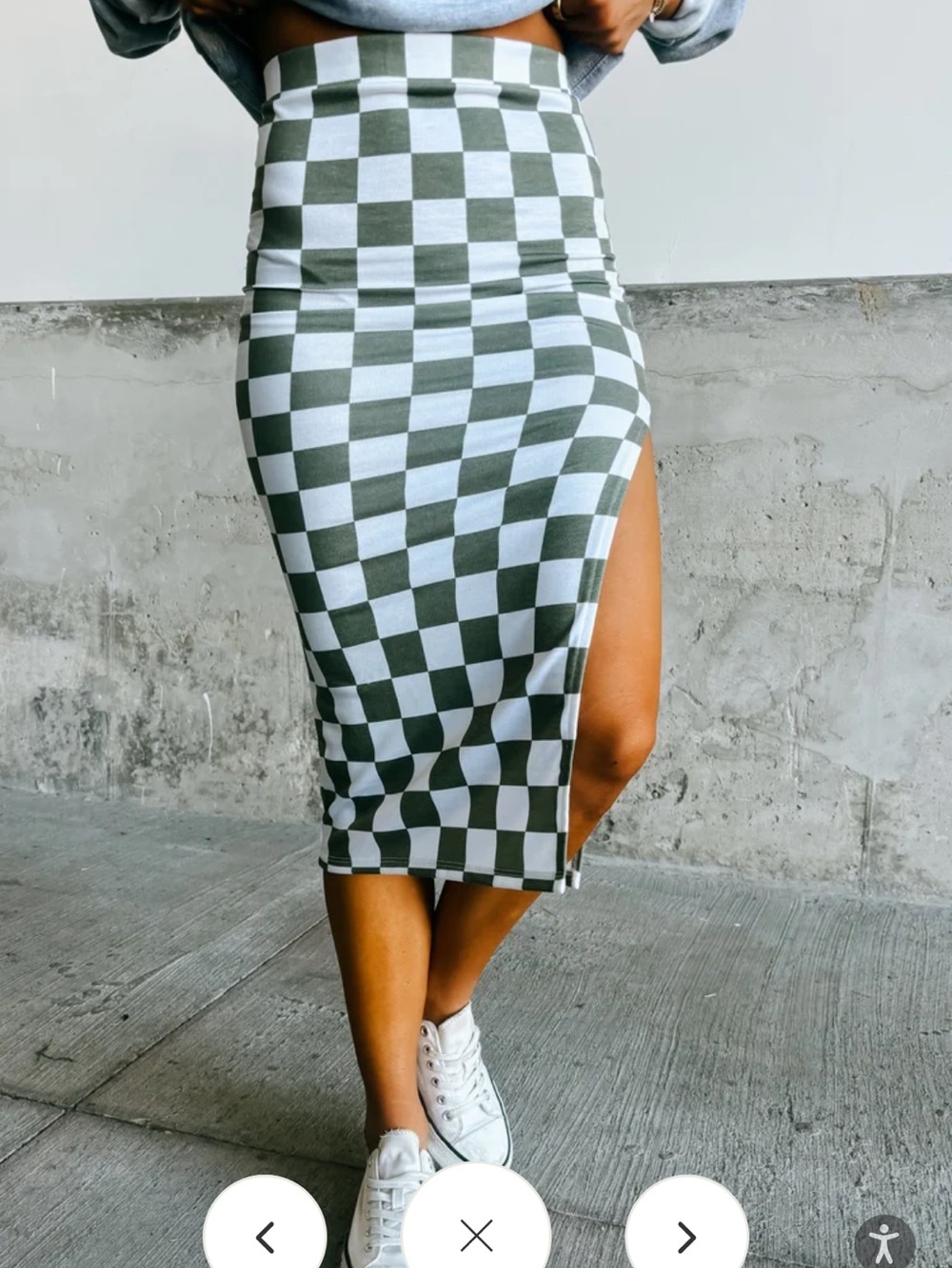 Checkerboard Midi Skirt with Side Slit - Olive & White